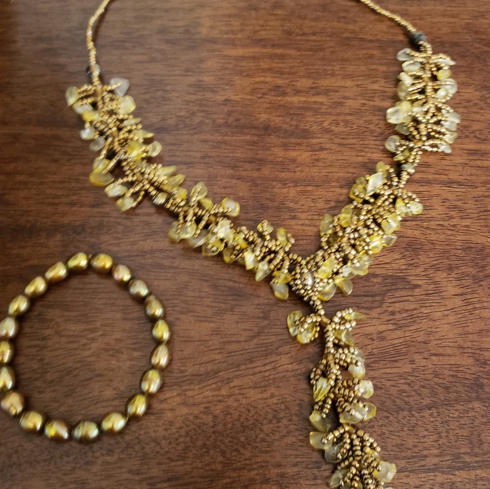 Gold Pearl & Beaded Jewelry Set - Bracelet & Necklace